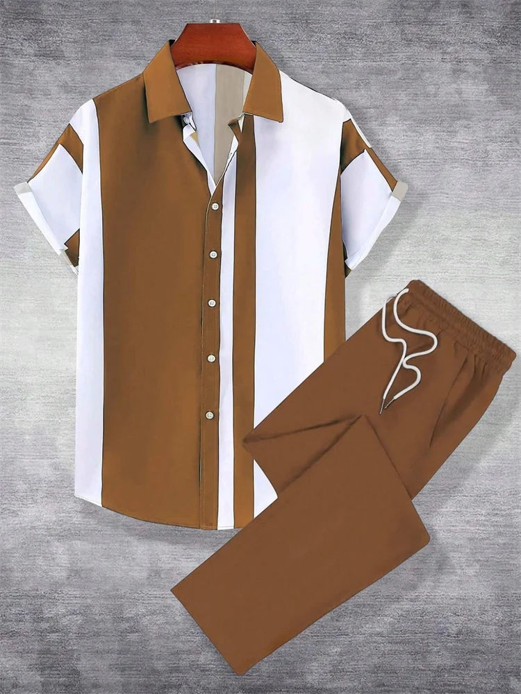 2025 Autumn Simple Striped 3D Printed Men's Casual Shirt 2pcs Set, Urban Street Fashion Loose Men's Top And Trousers S-2XL