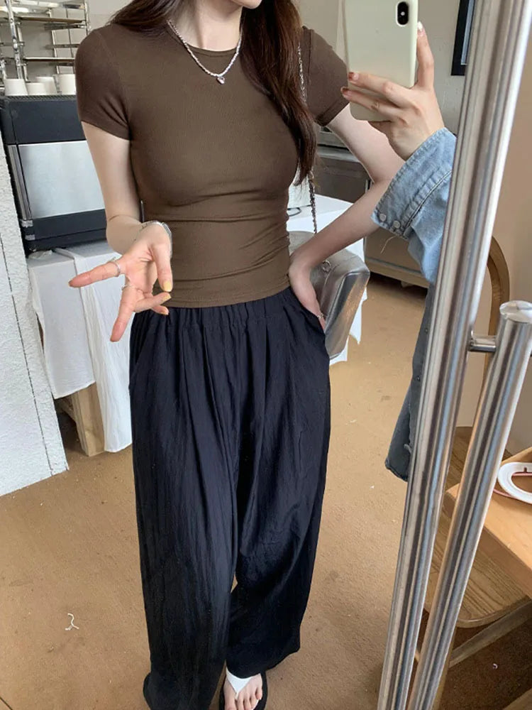 American style spicy girl shoulder T-shirt for women in summer 2025, tight fitting and slimming short top, basic elastic short s