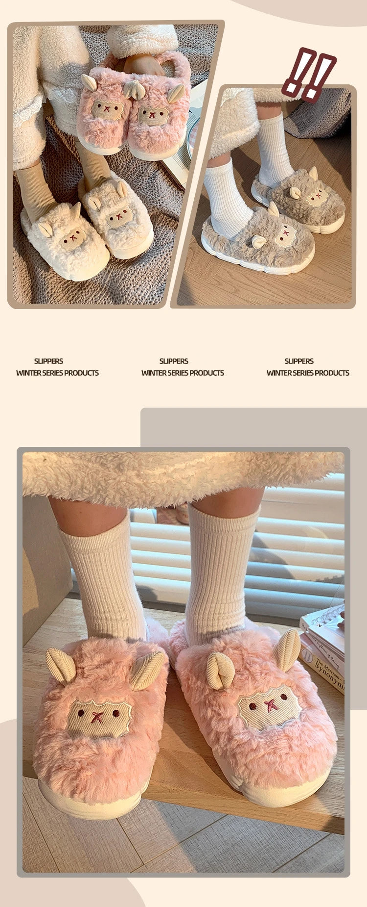 Women Lovely Sheep Fluffy Slippers Men Fashion Animals Non-slip Plush Slides Lovers Soft Warm Cartoon House Shoes For Winter