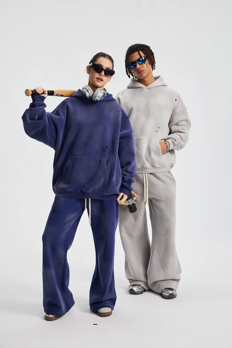 2025 Winter New Fleece Sweatpants Men Splashing Ink Spray Dyeing Wash Distressed Wide Joggers Grinding Edges Baggy Plush Pants