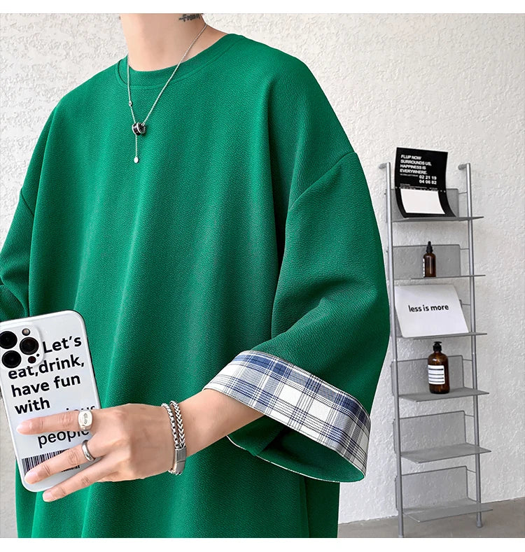 men t shirts Summer Men's T-shirts Women Oversized 2XL Korean Style Loose Plaid T-shirt Casual Seven sleeves T-Shirt Male White