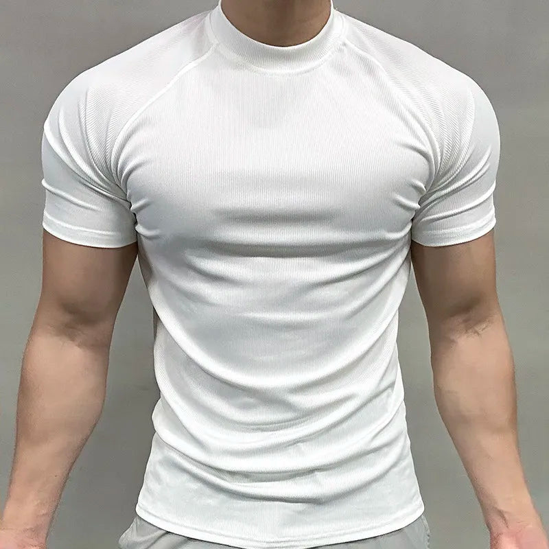 Men Summer Tshirt Muscle Shirt Bodybuilding Fitness Workout Turtleneck Casual Top Tees