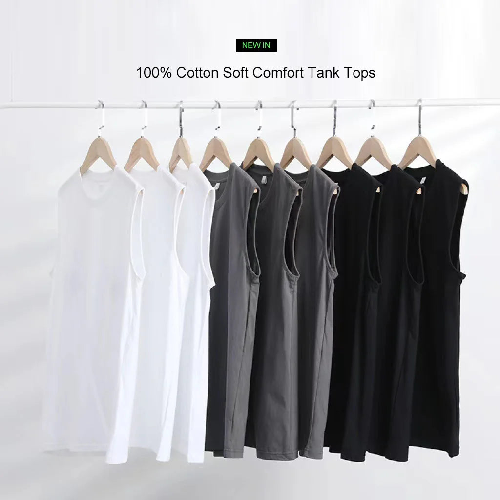 Summer Basic 100% Cotton Men Tank Tops Black White Gray