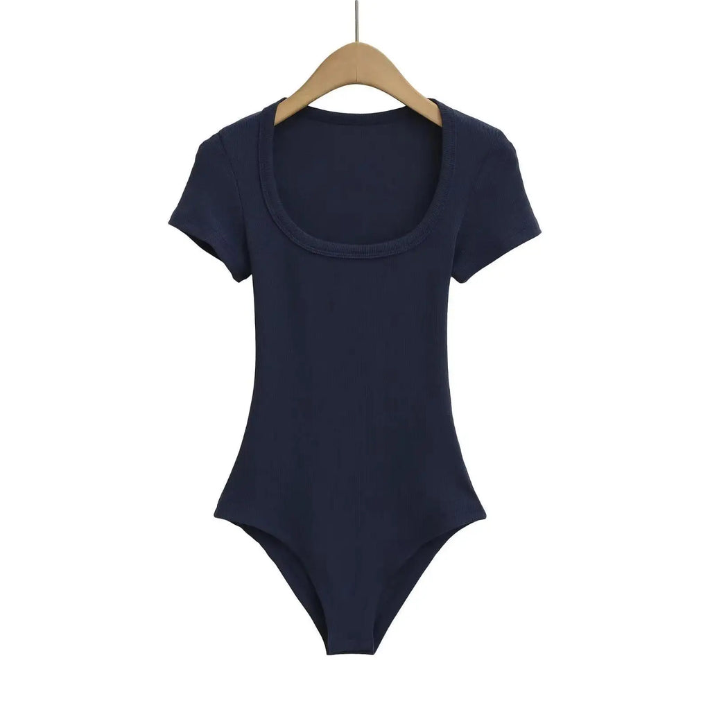 Women Short Sleeve Square Collar Bodysuits Summer Rib Knitted Elastic Slim Top Jumpsuits Solid Color