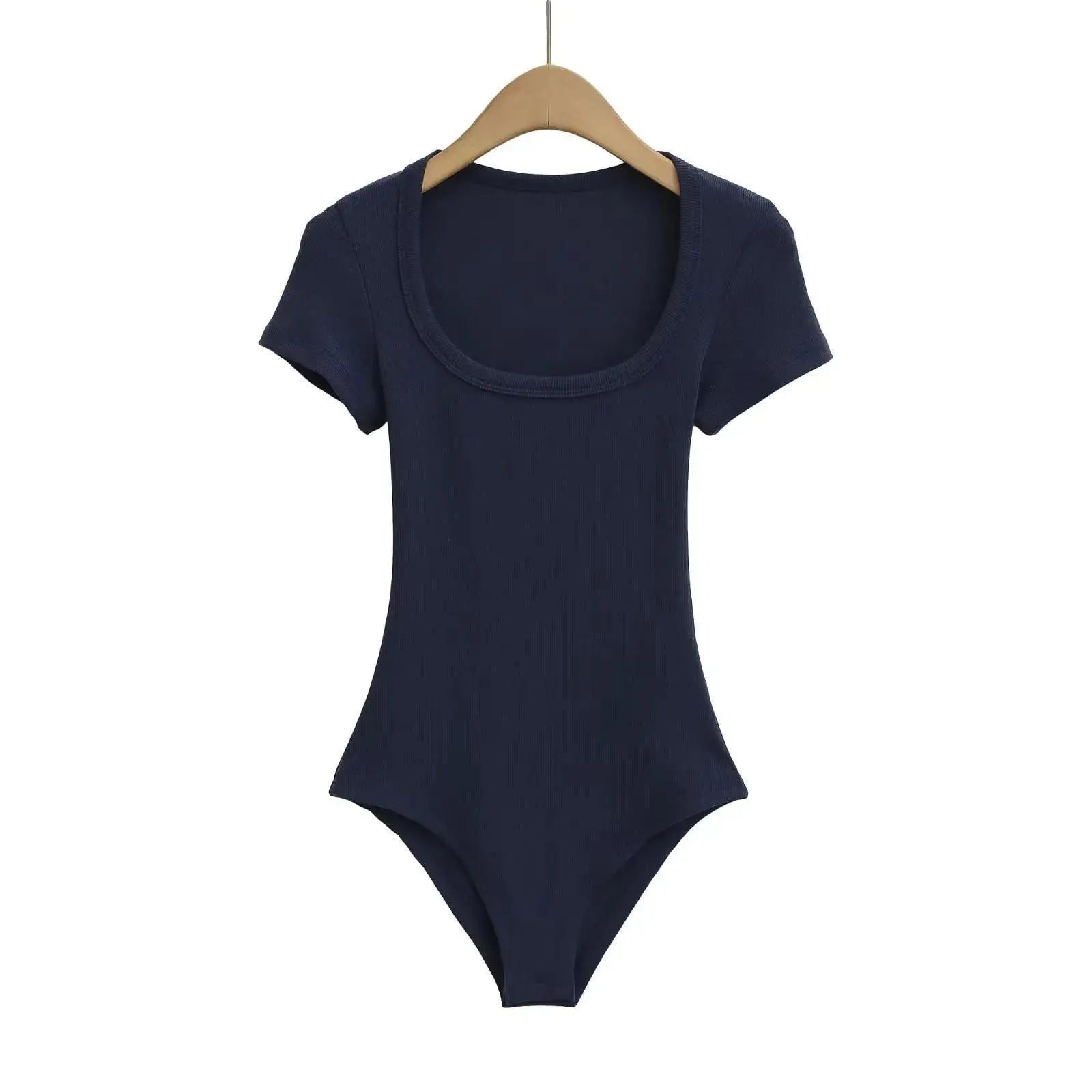 Women Short Sleeve Square Collar Bodysuits Summer Rib Knitted Elastic Slim Top Jumpsuits Solid Color