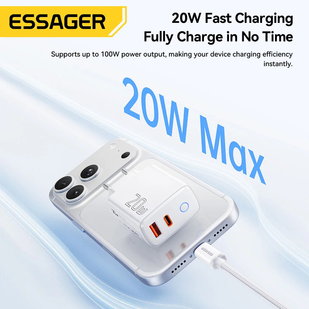 Essager 20W USB Type C Charger 3A PD Quick Charge With Type-C Lighting Micro Cable Fast Charging For iPhone 17 16 Xiaomi Huawei