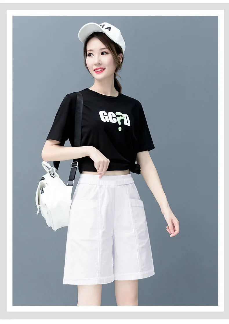 Summer Casual Loose High Waist Slimming Cotton Wide Leg Five-Quarter Length Women's Shorts Versatile Workwear Style Shorts