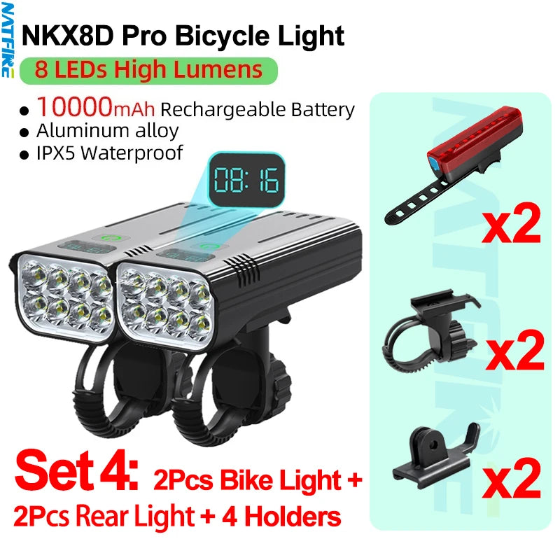 Upgrade 8-6 LED Bicycle Light Powerful Bike Headlight 10000mAh USB Rechargeable as Power Bank Front and Rear Lights Set Optional
