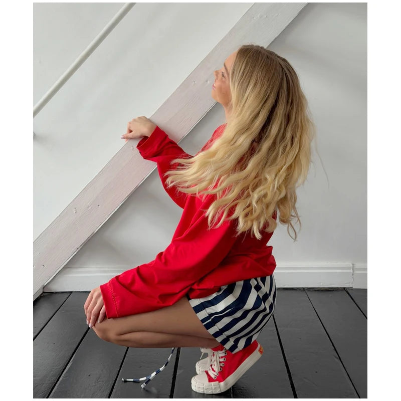 Red White Striped Balloon Pants Women's Elastic Waist Wide Leg Baggy Casual Trouser 2026 Summer New Streetwear Loose Fit Pants