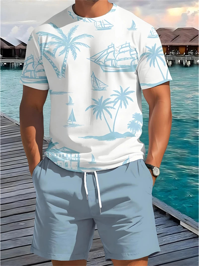 2025 Summer New Men's Short Sleeve Palm Tree Print T Shirt Fashion Men's Vacation Beach Casual Shirts Graphic Tee Summer Tops