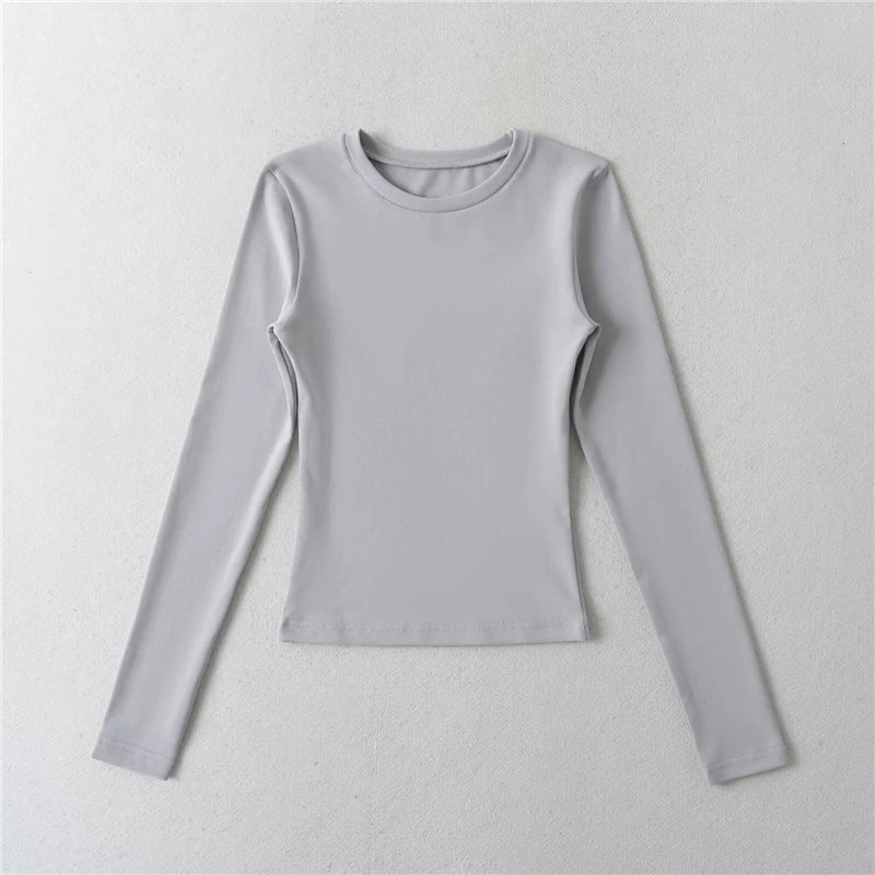 LUNDUNSHIJIA O-neck Long Sleeve T-shirts For Women 2025 New Spring Ladies Solid Cotton Slim Tee Shirts 10 Colors