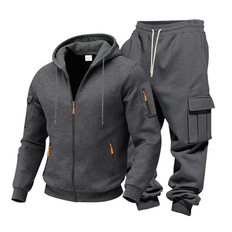 Men's Full Zip Hooded Tracksuit 2 Piece Set Casual Cargo Pocket Jogger Suit Outdoor Sports Hoodie And Pants Set