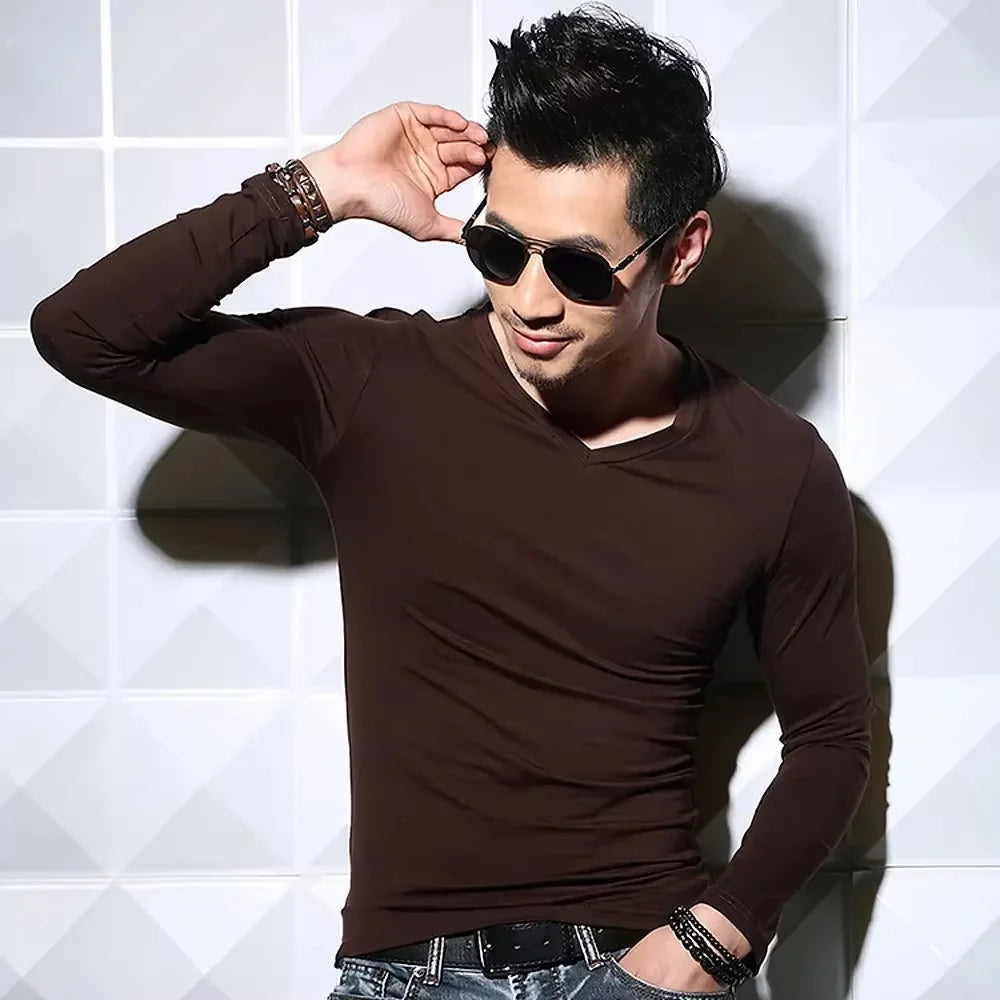 Men's Long Sleeve V Neck T Shirt 2026 MRMT Men T-shirt Slim Solid Tight Man T Shirt Tops Tees Clothing