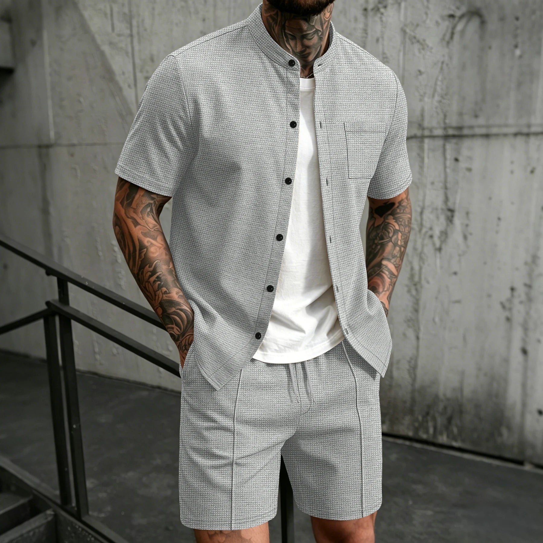 Men's 2 Piece Outfit, Stand Collar Short Sleeve Shirt with Chest Pocket and Drawstring Shorts, Casual Co Ord Set
