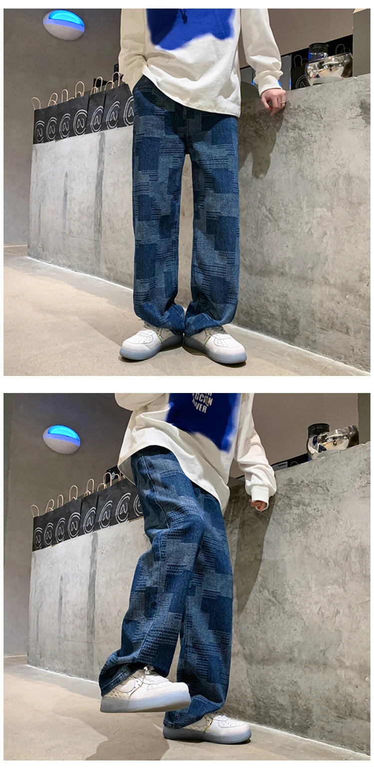 Blue Black Plaid Jeans Men Retro Casual Wide-leg Jeans Mens Streetwear Loose Hip-hop Straight Denim Trousers Men Vintage Jeans