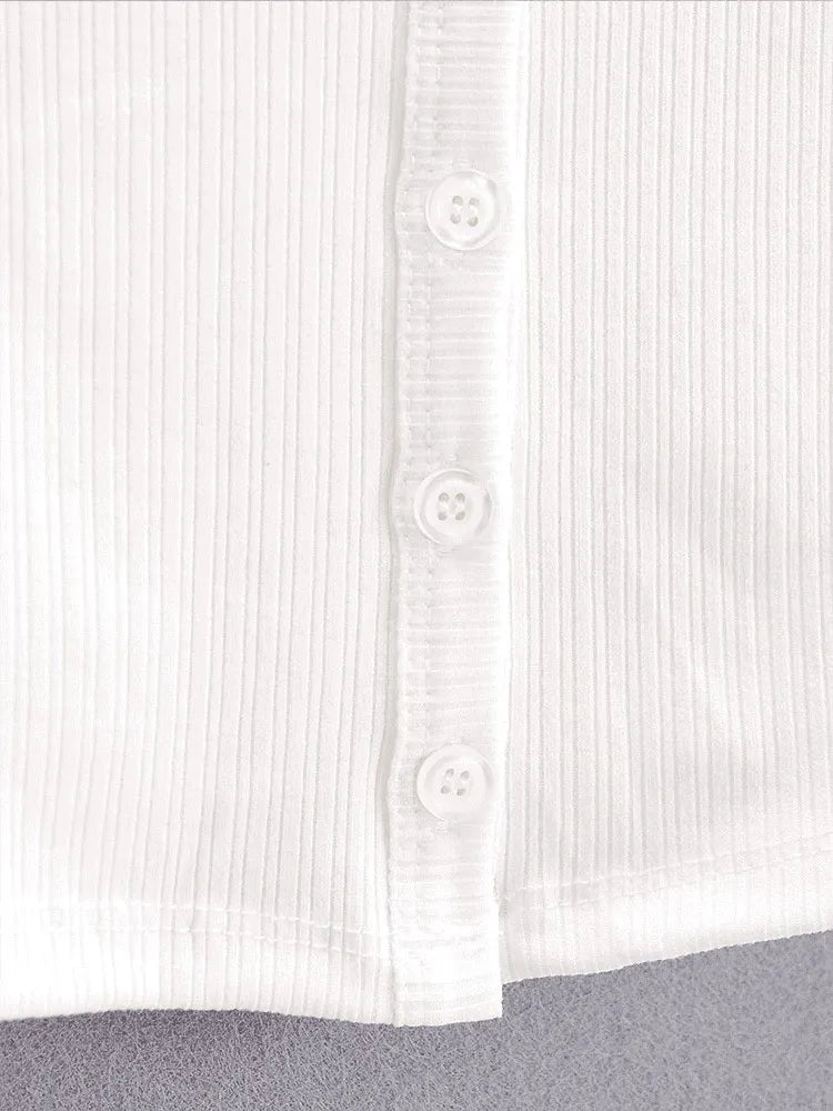 Women Rib Button Through Short Sleeve Top