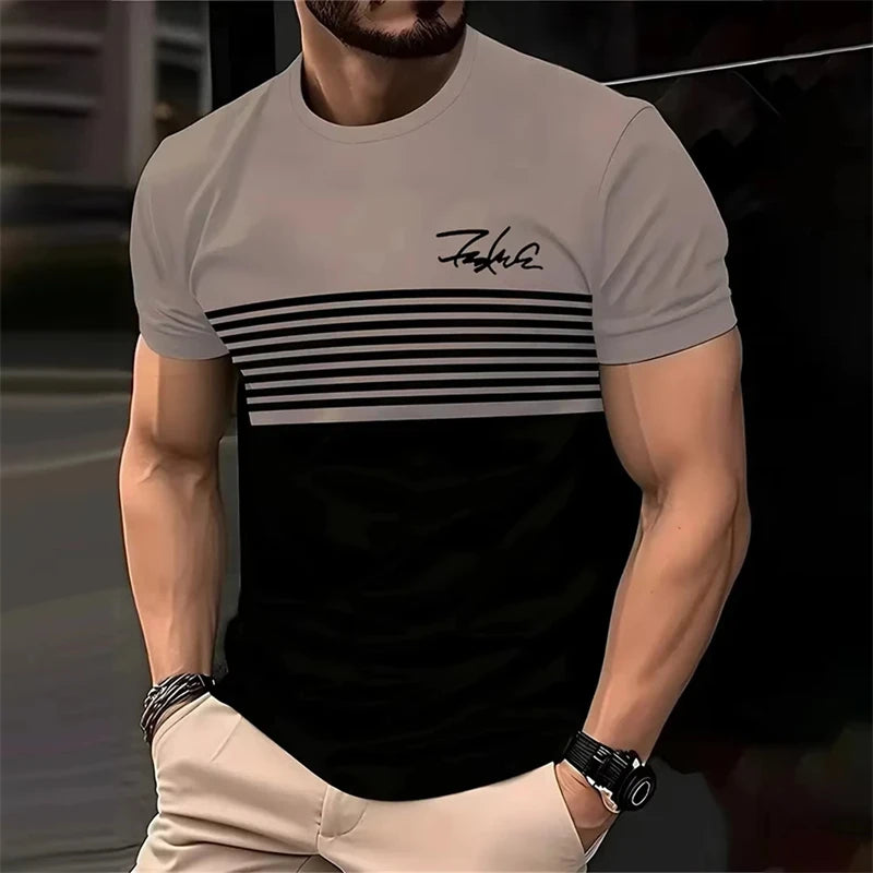 Business Casual Men's Striped T-shirt Simple Word Print Round Neck White T Shirts Summer Streetwear Breathable Loose Top Men