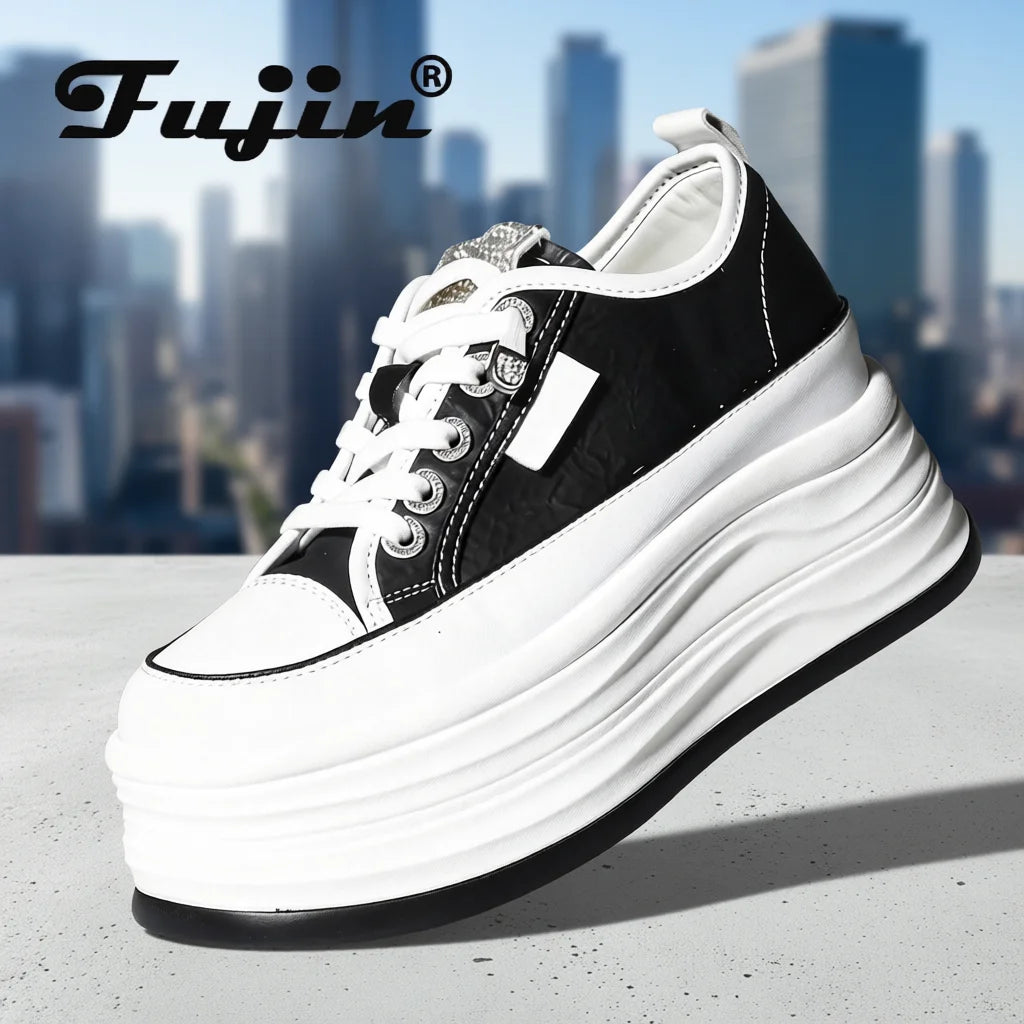 Fujin Casual Shoes For Woman Shoes on Platform Heel Shoes 9 cm 3 inch  White Comfortable High Heel Hidden Chunky Wedge Sneakers