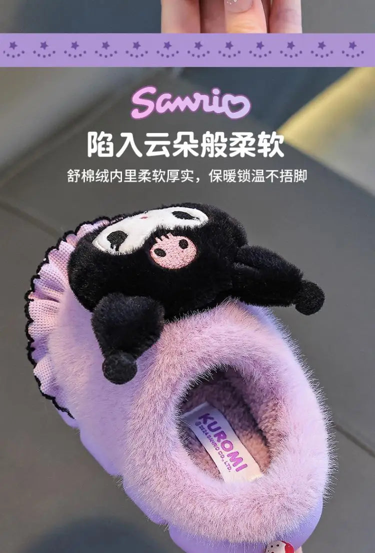 Sanrio Kawaii Girls Plush Slippers Cute Kuromi Hello Kitty My Melody Cartoon Student Winter Home Indoor Anti-Slip Warm Shoes