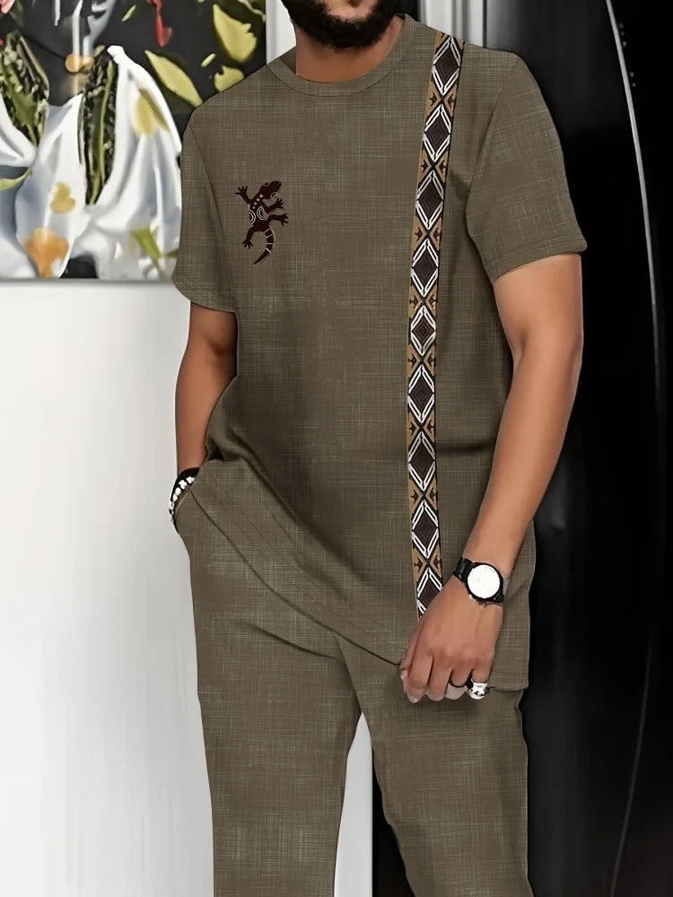 Summer Men's Short-Sleeve Suit Striped Print Short-Sleeve Top Paired With Tailored Trousers Outdoor & Streetwear Two-Piece Set