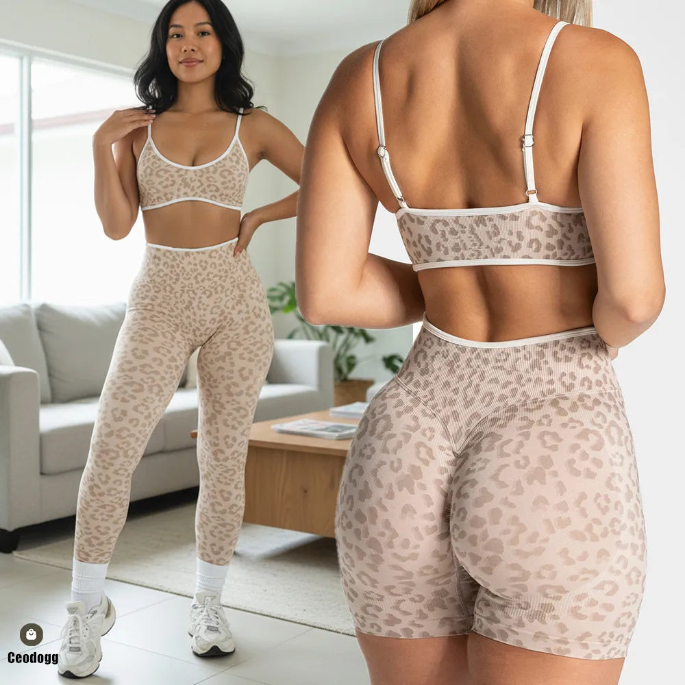 Seamless Leopard Yoga Set Women Sports Bra High Waist Shorts Scrunch Gym Fitness Workout Run Legging Activewear XP269
