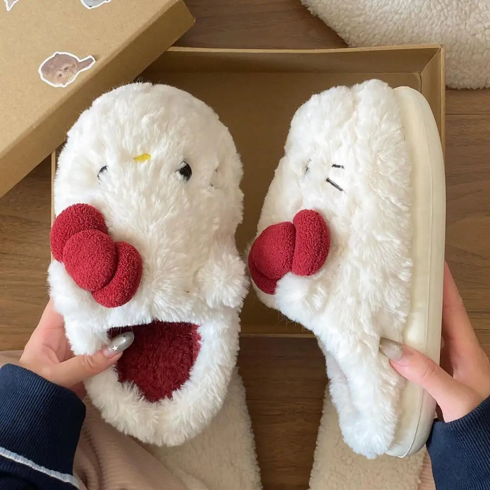 New Cartoon Hello Kitty Plush Slippers Sanrio Cute Female Anime Autumn Winter Home Plus Velvet Warm Thick Sole Baotou Slippers