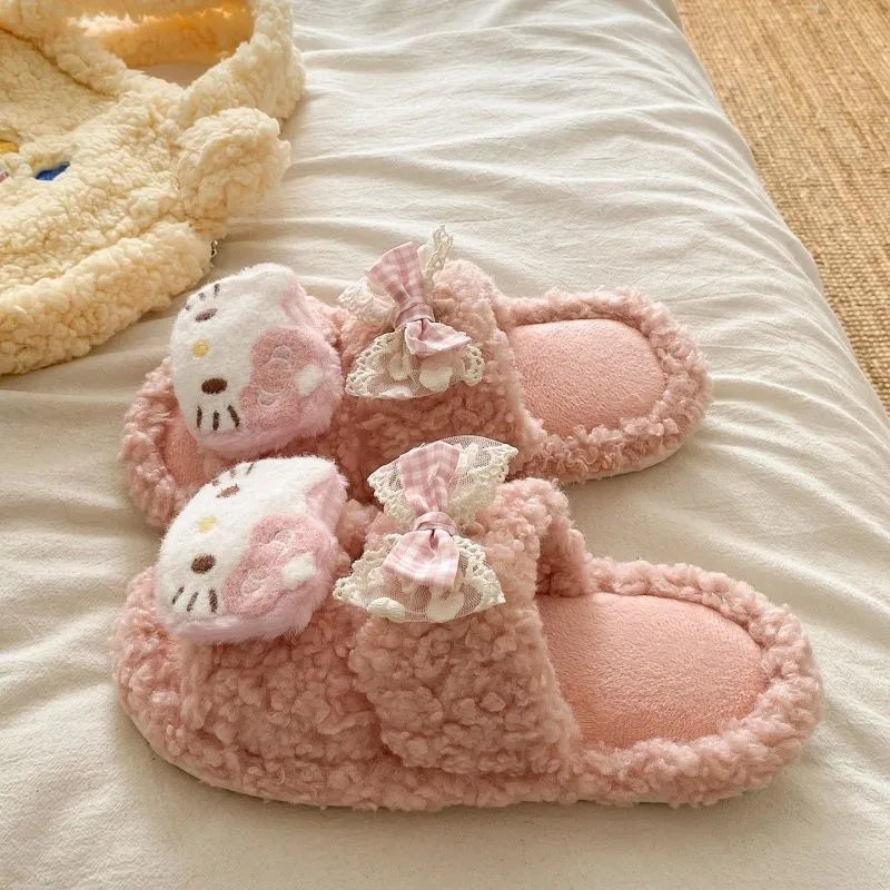 Sanrio Hello Kitty Adult Cotton Slippers Y2K Kawaii Cartoon Winter Indoor Open Toe Anti-Slip Slipper Comfortable Warm Shoes New