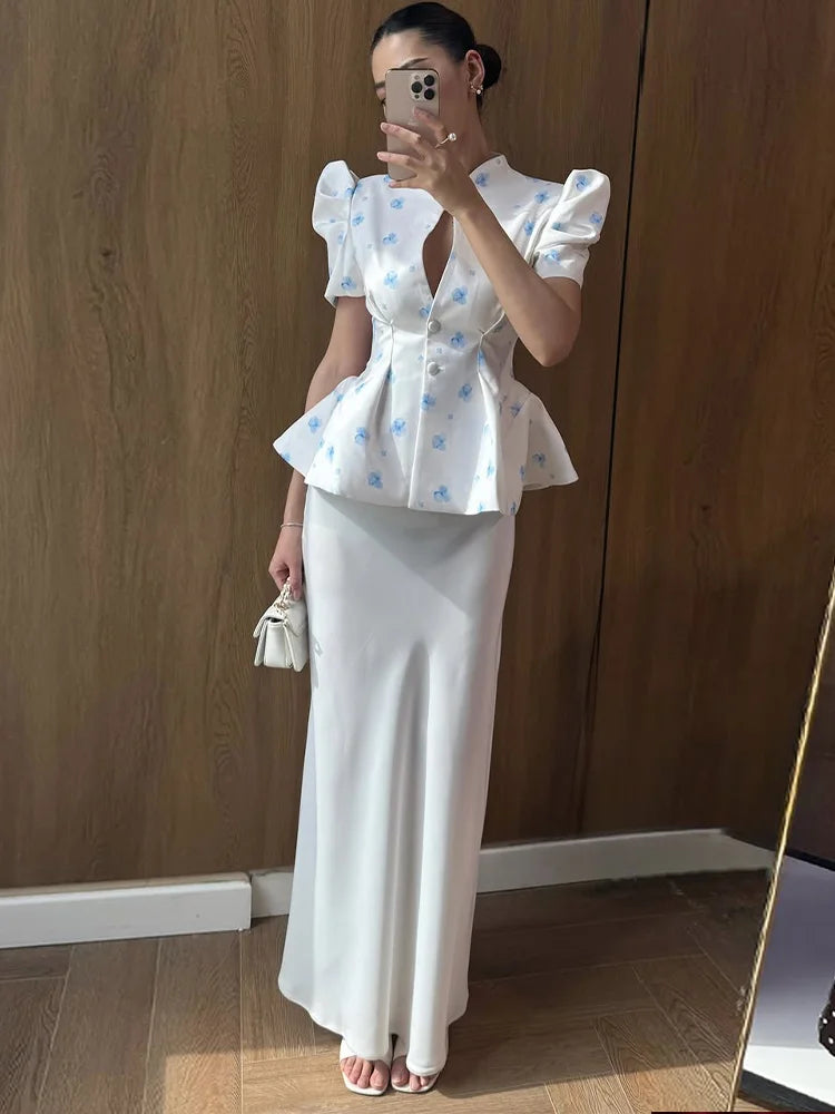 Waist Cinching Floral Suit Jacket Lady V-Neck Short Bubble Sleeve Shoulder Pad Jackets Fashion Daily 2026 Summer New Woman Coat