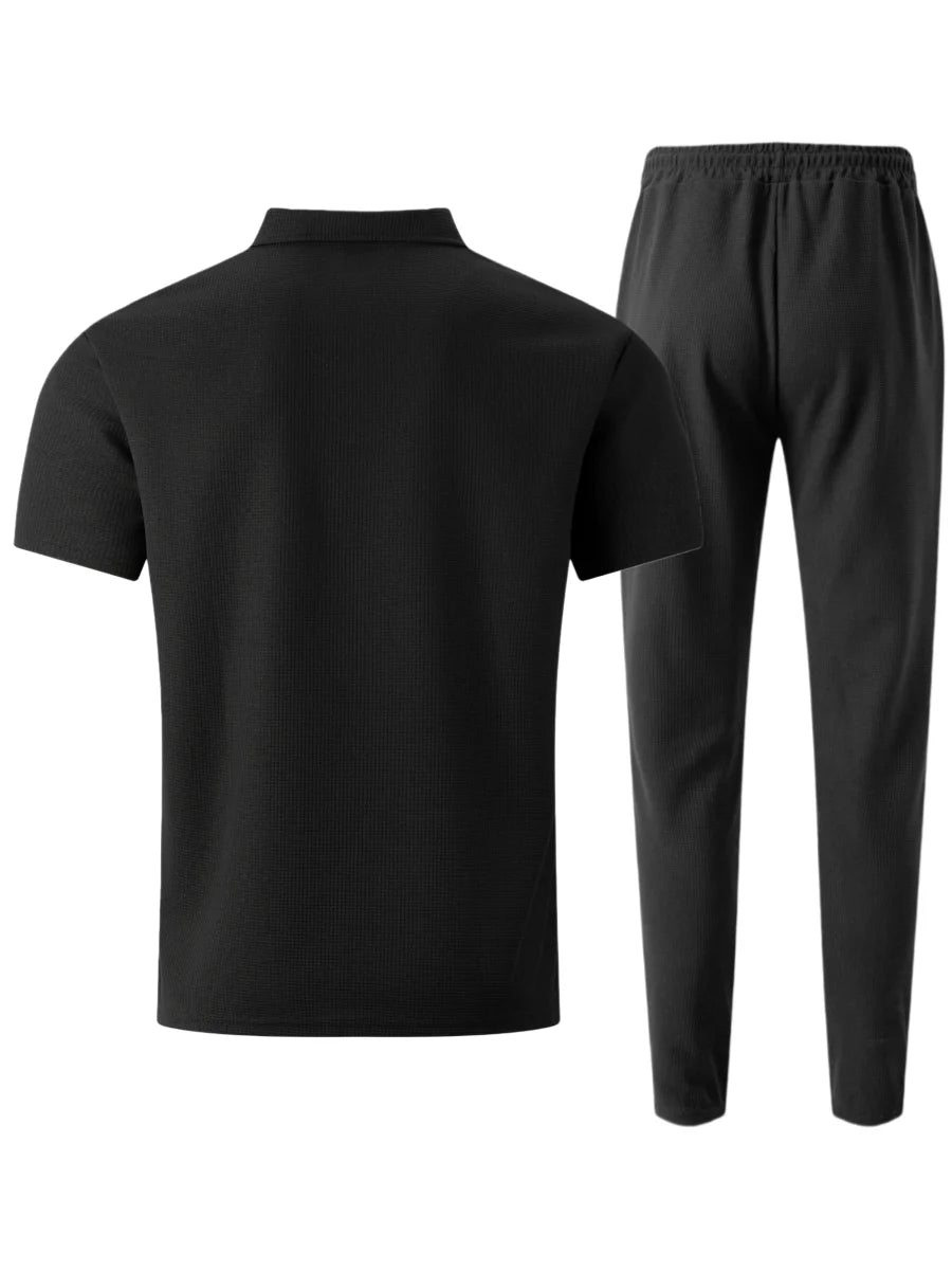 Summer New Men's Waffle Casual Tracksuit, Lapel Collar Double Pocket Solid Polo Shirt and Long Pants Set