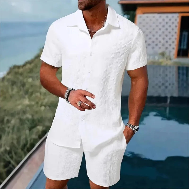 Summer Solid color Cotton linen Men's Shirt Set Fashion lapel Jacquard Short-sleeved Shirt Shorts 2 Piece Set Men's Shorts Suit