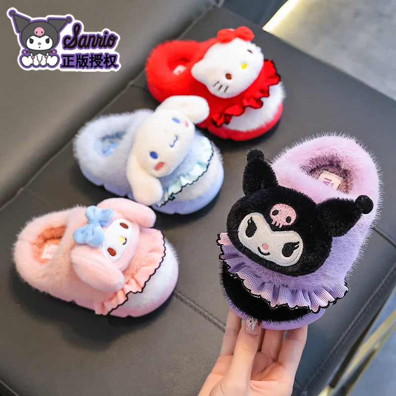 Sanrio Kawaii Girls Plush Slippers Cute Kuromi Hello Kitty My Melody Cartoon Student Winter Home Indoor Anti-Slip Warm Shoes