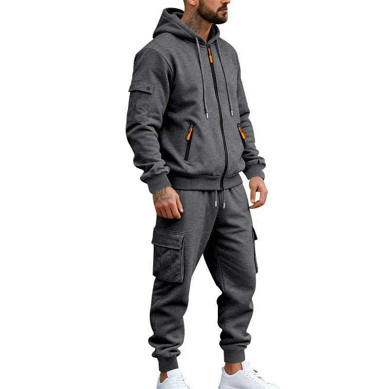 Men's Full Zip Hooded Tracksuit 2 Piece Set Casual Cargo Pocket Jogger Suit Outdoor Sports Hoodie And Pants Set