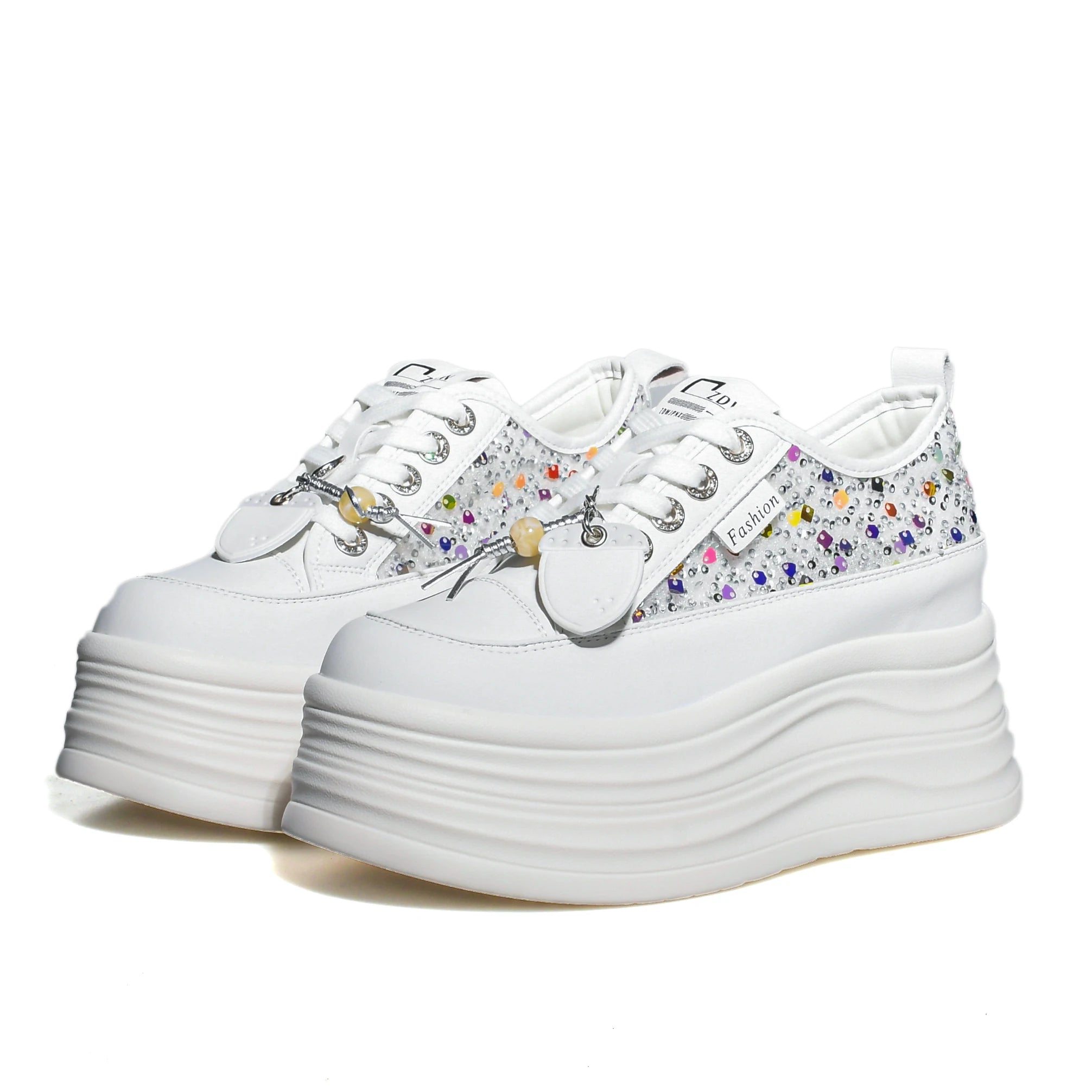 Fujin Casual Shoes For Woman Shoes on Platform Heel Shoes 9 cm 3 inch  White Comfortable High Heel Hidden Chunky Wedge Sneakers
