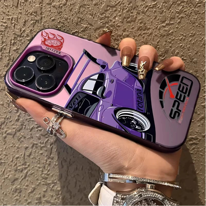 Cool Purple Sports Car SPEED Print Phone Case For iPhone 17 16 15 14 13 12 11 Pro Max JDM Racing Style Wrap Phone Cover For Men