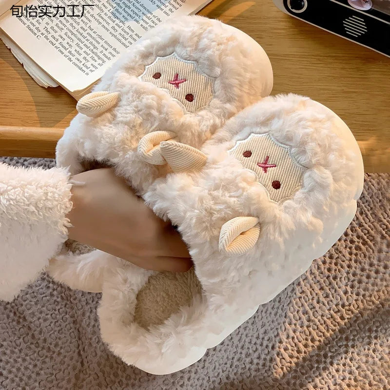 Home Fuzzy Slipper Women Sheep Fluffy Winter Warm Fur Plush Indoor Lazy Female Thermal Furry House Shoe Flat Flip Flop Ladies