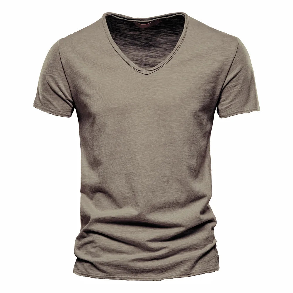 S-5XL 100% Cotton Men's T-Shirts Fashion Design V-neck Casual Slim Fit Basic Solid Summer T Shirt For Men-F037