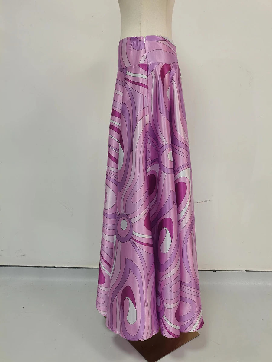 TWOTWINSTYLE Holiday Elegant Printing Two Piece Set for Women O Neck Short Sleeve Top High Waist Maxi Skirt Suit Female Style