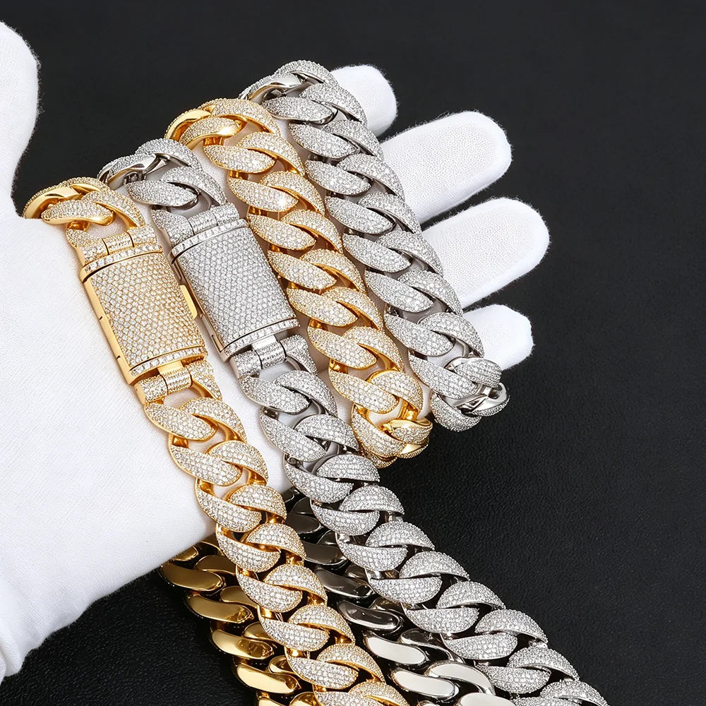 22mm Wide Cuban Chain Brass Full Paved CZ Zircon Necklace Hip Hop Iced Out Bling Rapper Jewelry Gold Silver Two Tone Neck Chain