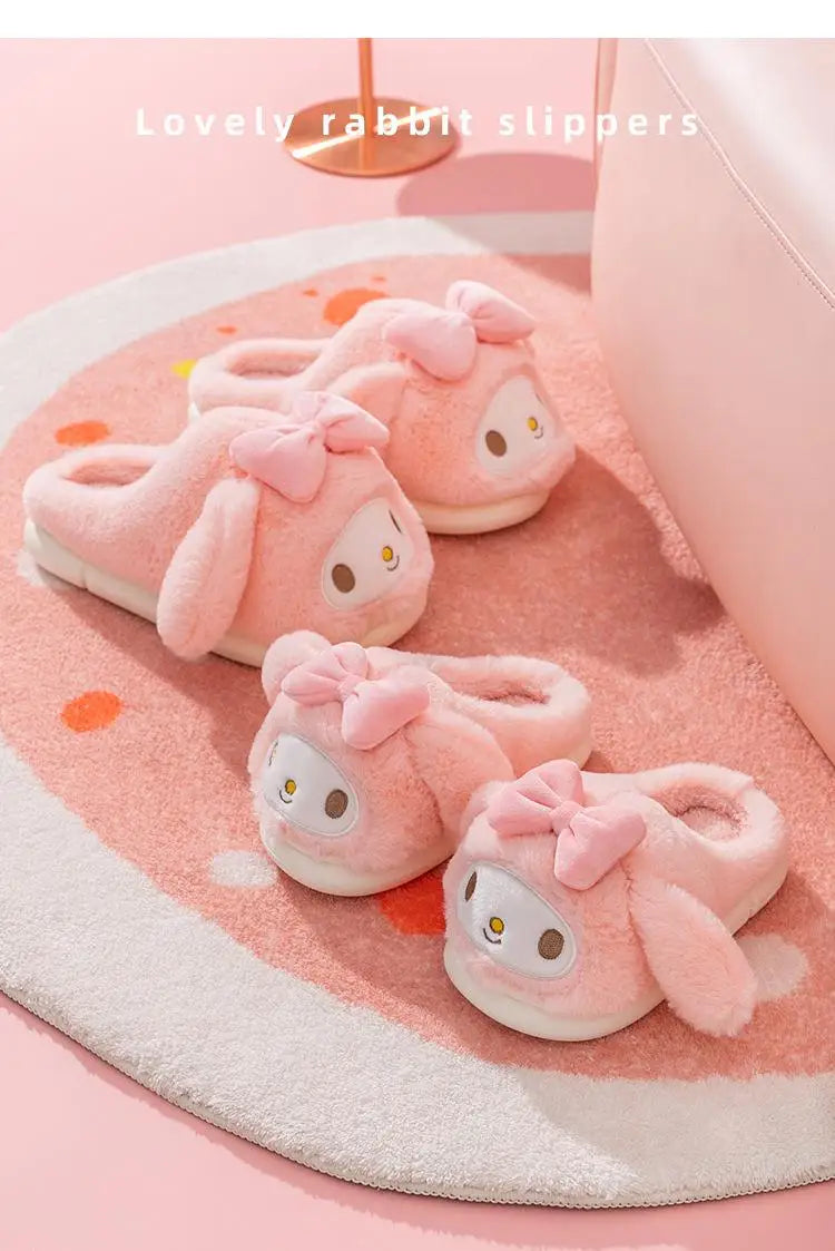 Sanrio Plush Slippers Women My Melody Kawaii Anime Cinnamoroll Cotton Shoes Flat Autumn Winter Keep Warm Non-Slip Cute Girl Gift