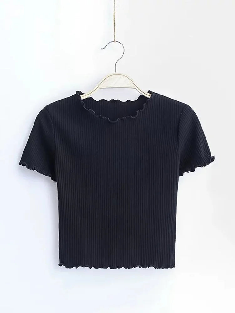 Vintage Wood ears O neck Short sleeve T-shirt 2025 New Woman Slim Fit t shirt tight tee Summer Retro Tops 6 colors