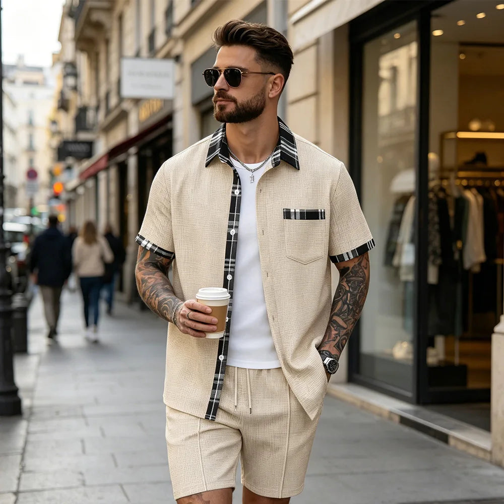 Summer New Waffle Set, Men's Plaid Spliced Short-Sleeve Shirt & Shorts, Casual Two-Piece Outfit F156D