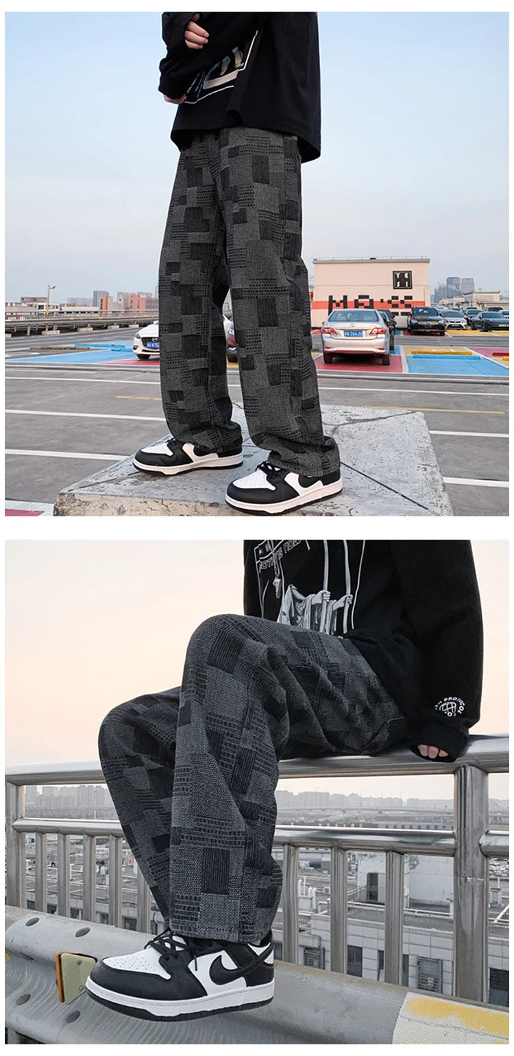 Blue Black Plaid Jeans Men Retro Casual Wide-leg Jeans Mens Streetwear Loose Hip-hop Straight Denim Trousers Men Vintage Jeans