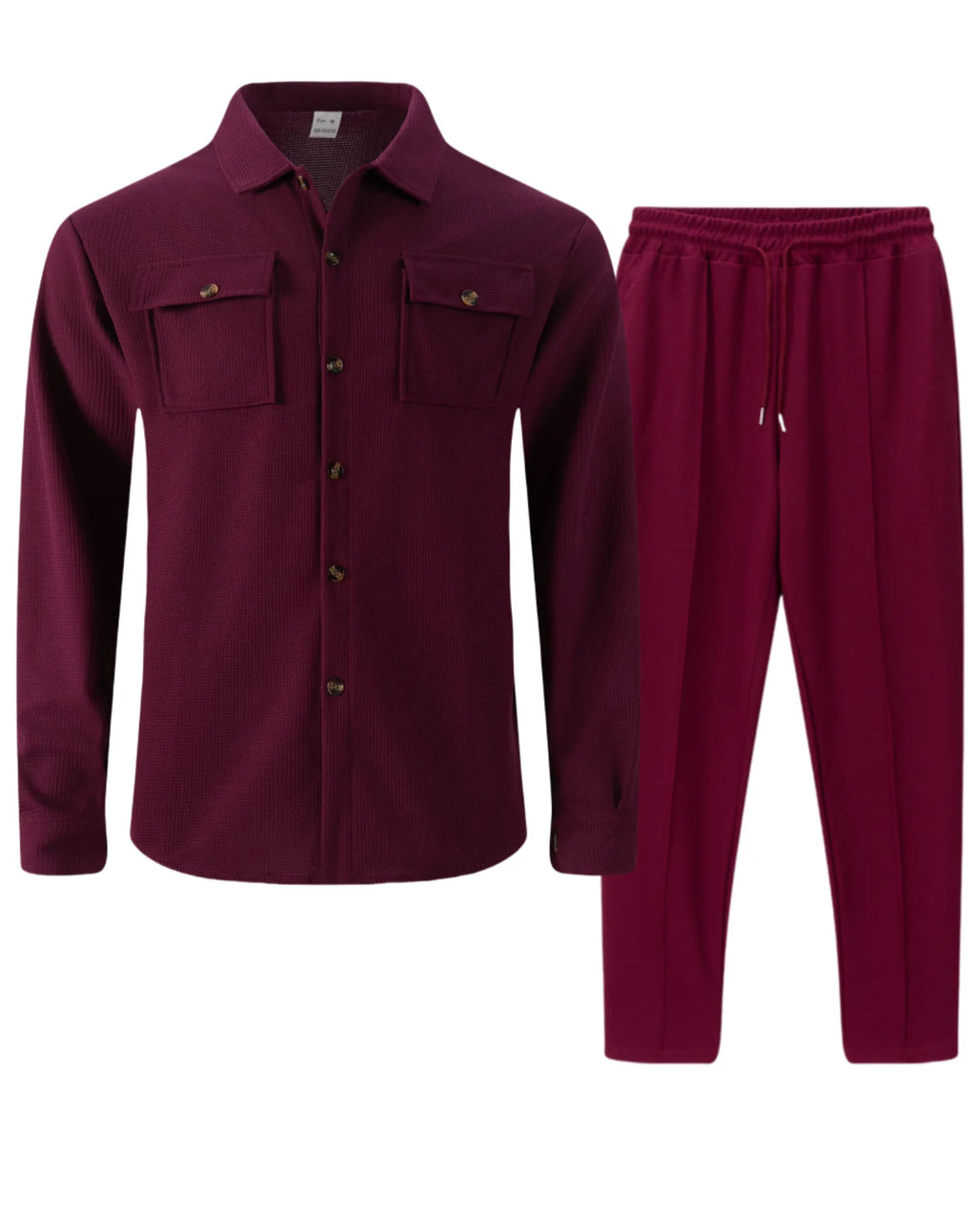 Men's casual two-piece waffle texture suit (including button-down top and elastic waist pants) - fashionable street casual sport