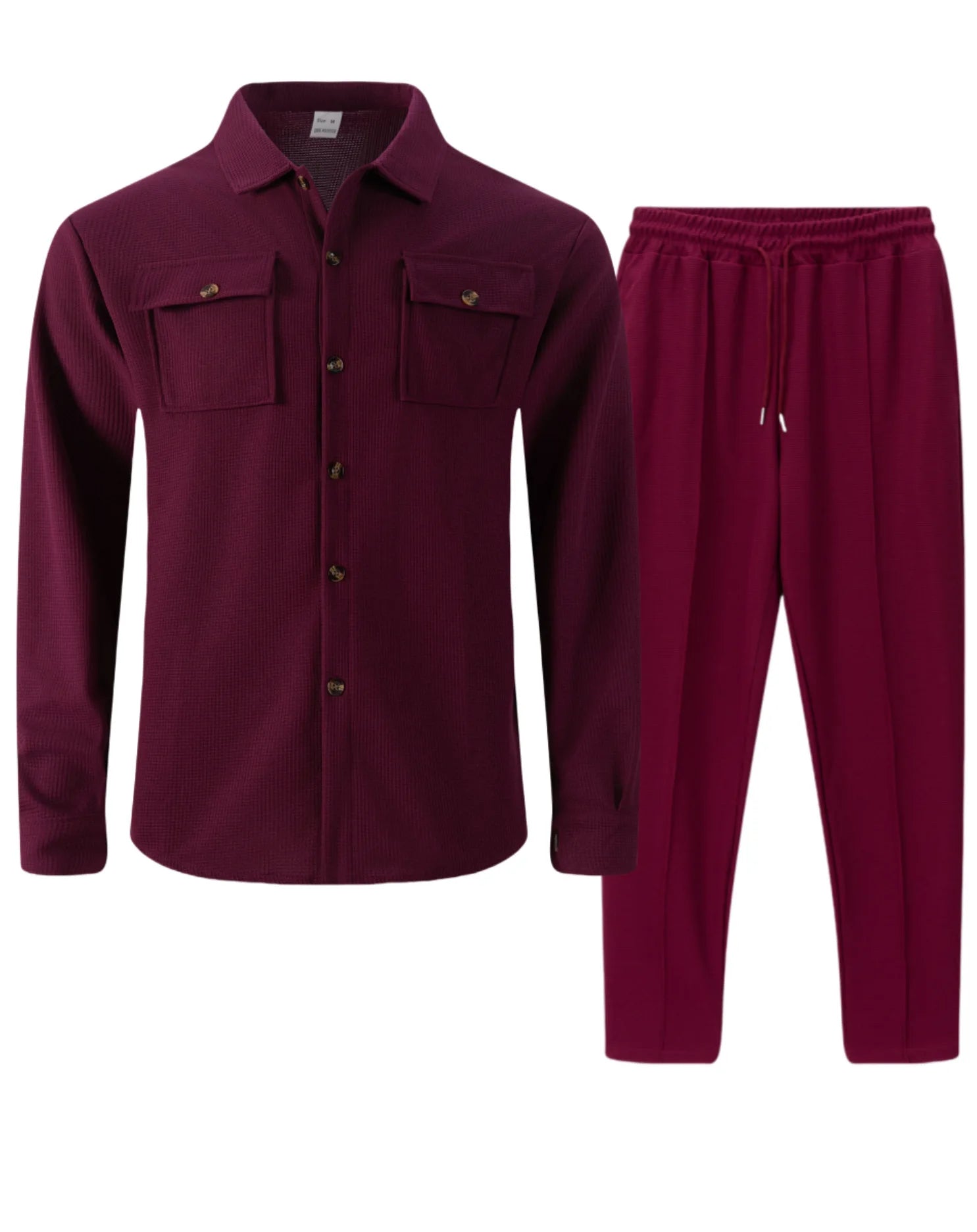 Men's casual two-piece waffle texture suit (including button-down top and elastic waist pants) - fashionable street casual sport