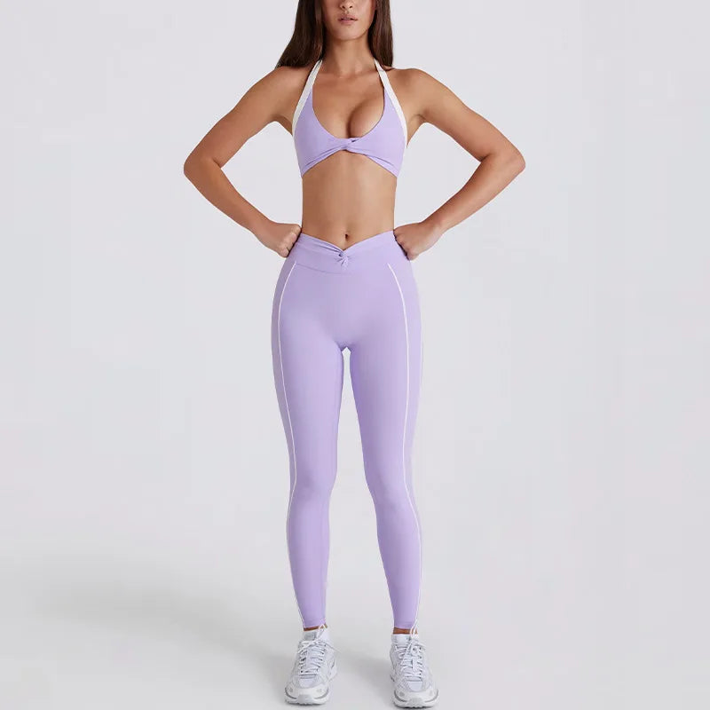 Women Yoga Suit Color Block Twist Yoga Shorts Leggings Tank Top Sports Bra 2Pcs Tracksuit Fitness Running Gym Workout Sportswear