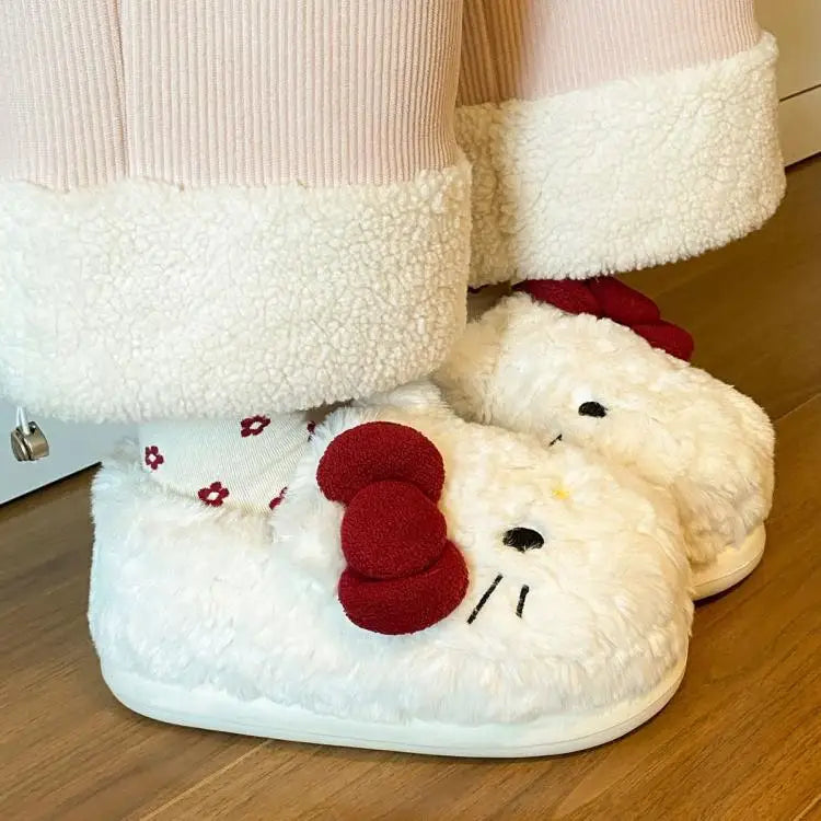 New Cartoon Hello Kitty Plush Slippers Sanrio Cute Female Anime Autumn Winter Home Plus Velvet Warm Thick Sole Baotou Slippers