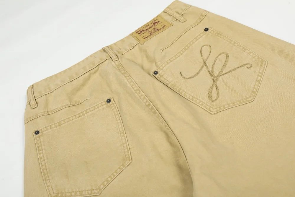 Pocket Embroidery Banana Jeans Mens Solid Color Washed Distressed Retro Casual Baggy Wide Leg Denim Trousers Man