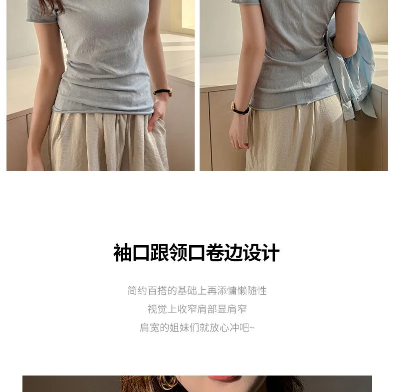 Solid Color Slim Fit Short Sleeve T Shirt for Women Summer New Cotton Blended Basic Tees Woman Thin Breathable Crew Neck T-shirt