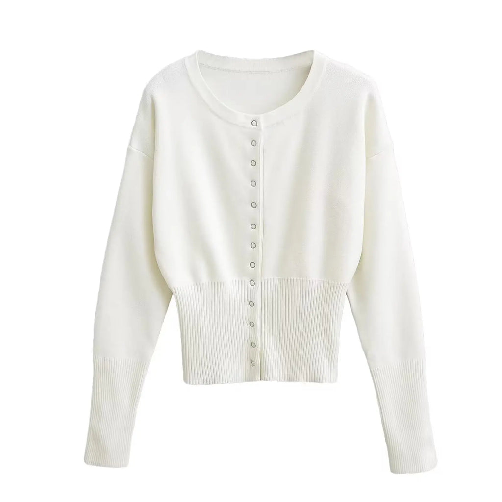 Women's Knitted Fitted Cardigan Elegant Long Sleeve Tops Sweater Knitwears Top Female Clothing 2025 Fall Black Brown White Blue