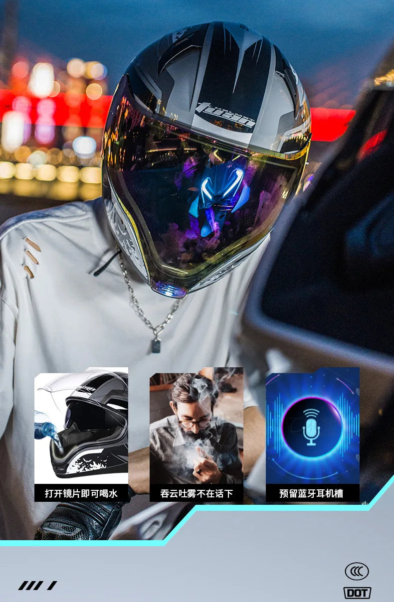 2026 New Motorcycle Helmet Standard DOT Double Mirror Drinkable Water Ghost Face Helmet Cycling Locomotive Full Helmet